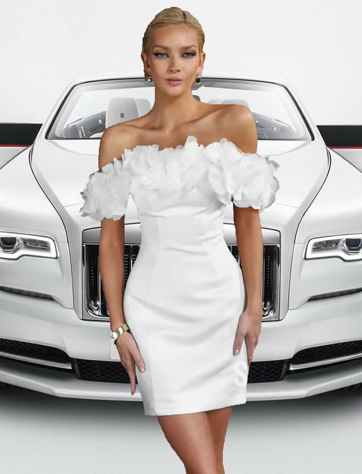 Young bride in a white mini wedding dress with a Rolls-Royce Dawn convertible wedding car behind her